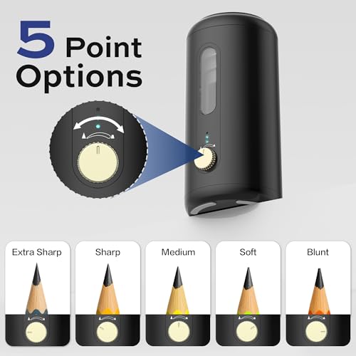 VUSIGN Electric Pencil Sharpener, Fully Automatic Pencil Sharpener with 5 Sharpness Settings, Rechargeable 2000mAh, Auto in & Out, for 6.9–10.8mm No.2/Colored Pencils, Office/Classroom/Home (Black)