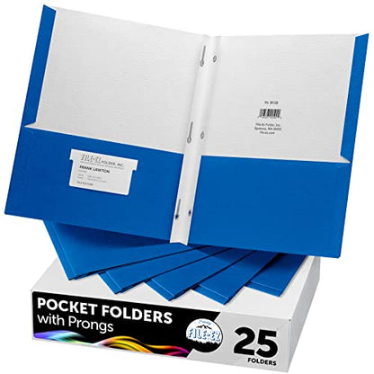 FILE-EZ Two-Pocket Folders with 3-Prong Fasteners, Blue Color, 25-Pack, Durable Textured Paper, Matte Finish, Letter Sheet Size (EZ-92523) - color: Blue