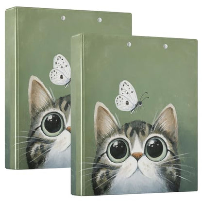 Fustylead Lovel Cat and Butterfly Sage Green 3 Ring Binder, D-Rings 1.5" Hardcover Folder, Fits 200 Sheets of A4 Paper, Durable Clipboard & Clean View with Inside Pockets for School Home Office - size: 12.4x10.63x2.36 Inch-1 Pack