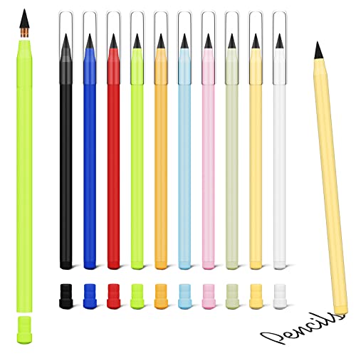 Ainiv Everlasting Pencil - 10 PCS Inkless Infinity Pencils with 20 Extra Erasers for Home Office School Writing Drawing - color: 10 Pieces-Bright Colors