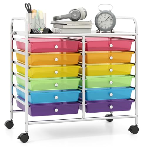 Giantex 12 Drawers Rolling Cart, Mobile Storage Drawer Cart, Classroom Organizer Cart for Office School Supplies Tools Scrapbook Paper Craft Small Printer, Utility Cart on Wheels, Rainbow - color: Rainbow, size: 25” x 15” x 24.5”(12 Drawers)