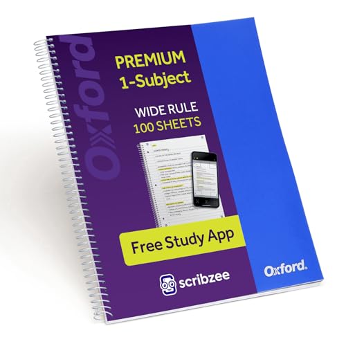 Oxford Spiral Notebook with Free Study App, 1 Subject, Wide Ruled, Ultra Smooth Paper, No Ink Bleed-Through, Strong Poly Blue Cover, Durable 2 Sided Pocket, 100 Easy Perforated 8.5" x 11" Sheets - color: Blue