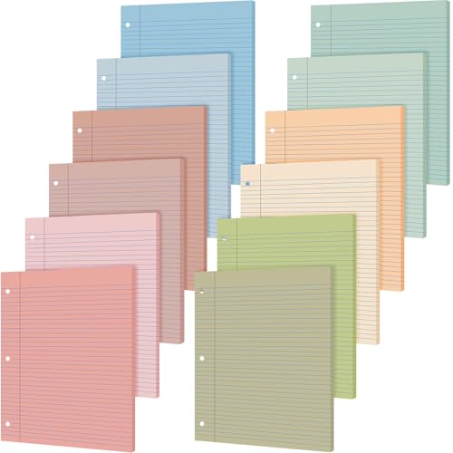 PerKoop 12 Pack 600 Sheets Colored Loose Leaf Paper Wide Ruled 8" x 10.5", Pastel Colorful Lined Writing Paper 3 Hole Punched Filler for 3 Ring Binder School Office Supplies(Boho Color) - color: Boho Color