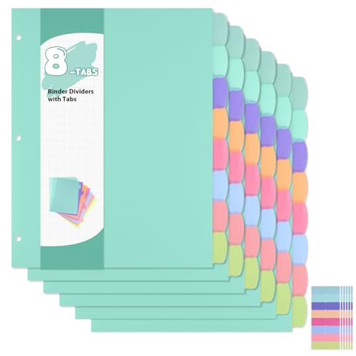 6 Sets of 48Pcs Binder Dividers with Tabs, 8 Tab Dividers for 3 Ring Binder | Waterproof Plastic Page Notebook Index Dividers for Office School Home Organization, Letter Size 8.5 × 11 Inch - color: Colorful (Green), size: 6 Set/48 Pcs