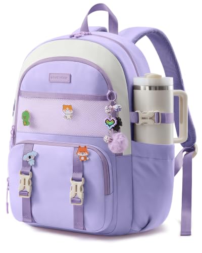 LOVEVOOK Cute School Backpack for Girls Ages 8-14, Lightweight Bookbag with Cartoon Charms & Pins, Back to School Backpack for Elementary & Middle School, Fits 17.3 Inch Laptop and 40oz Tumbler - color: Off-white & Purple, size: 17.3 Inch