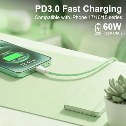 USB C to C Charger Cable, 60W, 6FT, 2-Pack, Green | Fast Charging, Braided Nylon, for iPhone 17/16/15, MacBook iPad, Galaxy S25/S24 - color: Green, size: 6FT+6FT