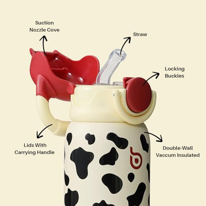 BOTTLE BOTTLE Kids Insulated Water Bottle with Straw Lid and Handle 16 oz Stainless Steel Vacuum Tumbler Water Bottles for School Outdoor Travel Gifts for Boys and Girls Cow - color: cow