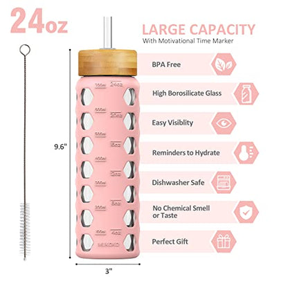 MUKOKO 24oz Glass Water Bottle, Pink | Glass Tumbler with Straw, Drinking Bottles with 2 Lids-Handle Spout Lid & Bamboo Straw Lid, Silicone Sleeve, 1 Pack - color: Pink, size: 24 Ounces