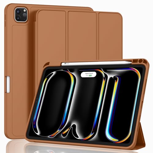 ZryXal iPad Pro 11 Inch Case (M5) 2025/ (M4) 2024 (Model: A2836/A2837/A3006), Trifold Stand Smart Cover with Pencil Holder and Soft TPU Back, Auto Wake/Sleep (New Brown) - color: New Brown
