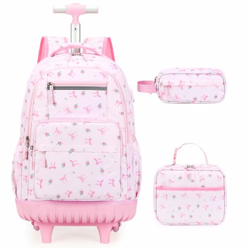 ACESAK Rolling Backpack for Girls - Roller Wheels School bag with Lunch Bag & Pencil Pouch for Teen Girls Kids Wheeled Suitcase Backpacks, Elementary Middle School Travel Daypack (Pink Bow) - color: Pink Bow