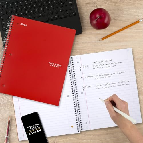 Five Star Spiral Notebook + Study App, 5 Subject, Wide Ruled Paper, Fights Ink Bleed, Water Resistant Cover, 8" x 10-1/2", 200 Sheets, Fire Red (72041) (Pack of 2) - color: Fire Red, size: 8" x 10.5" (Pack of 2)