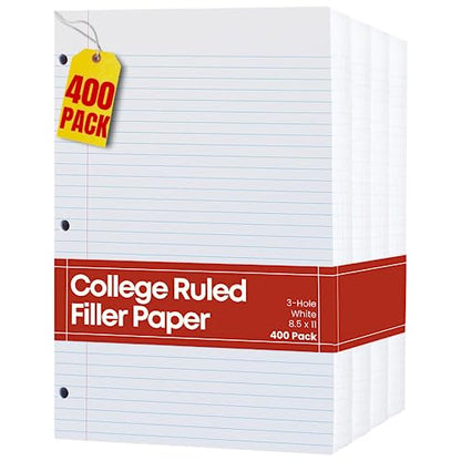 1InTheOffice Filler Paper College Ruled 8.5 x 11, 3-Hole Loose Leaf Binder Paper, Letter Size, (400/Pack)