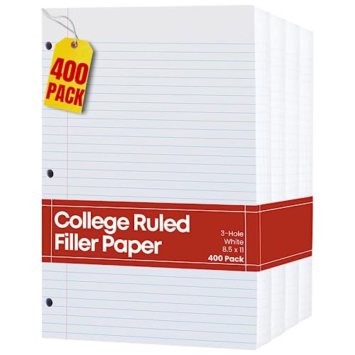 1InTheOffice Filler Paper College Ruled 8.5 x 11, 3-Hole Loose Leaf Binder Paper, Letter Size, (400/Pack)