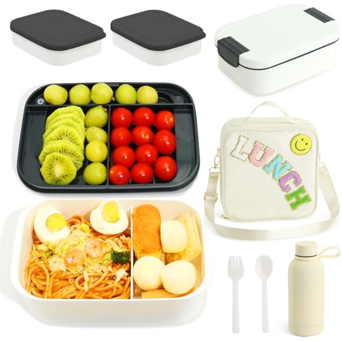 Bento Lunch Box Set for Kids - White Nylon insulated Lunch Bag with 12oz Thermos, Leak-Proof Containers, Adjustable Strap, Birthday Gifts for Girls School Travel Picnic (Ages 3-15) - color: Beige White Set