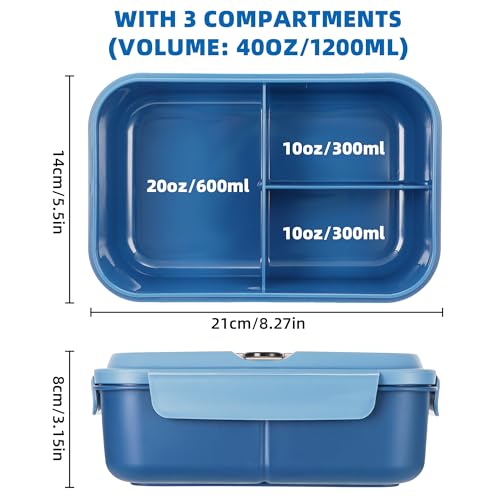 Fanhaw 40 Oz/5 Cup Bento Box for Kids, Men and Women, Lunch Box with 3 Compartments, Utensil, Microwave & Dishwasher Safe (Blue) - color: Blue