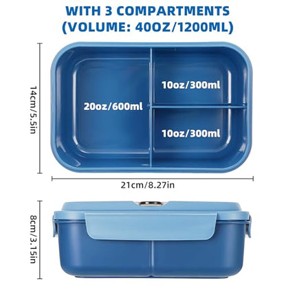 Fanhaw 40 Oz/5 Cup Bento Box for Kids, Men and Women, Lunch Box with 3 Compartments, Utensil, Microwave & Dishwasher Safe (Blue) - color: Blue