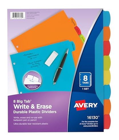 Avery Big Tab Write & Erase Durable Plastic Dividers for 3 Ring Binders, 8-Tab Set, Bright Multicolor, 1 Set (16130) - size: 8 tab, style: 1 Set