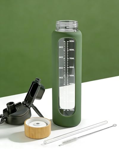 Nefeeko 32 oz Glass Water Bottles with Straw, Time Marker, Motivational 1 Liter BPA FREE Leakproof Reusable Glass Water Bottle with Silicone Sleeve, Bamboo, Spout Lid - color: Green