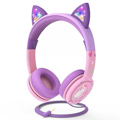 FosPower Kids Headphones with LED Cat Ears (85dB Safe Volume Limit), 3.5mm Soft On-Ear Wired Headphones with Tangle-Free Laced Cables for iPad/Tablet/School/Travel - Baby Pink/Lavender - color: 03 - Baby Pink/Lavender