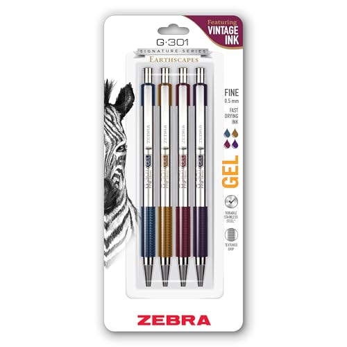 Zebra Pen STEEL G-301 Retractable Gel Pen, Assorted Vintage Ink, 0.5mm, 4Pk | Stainless Steel Barrel, Textured Grip, Easy-Glide Smooth, Skipless Ink, Fine Point Tip, Professional Design (47304) - color: Assorted Vintage Colors