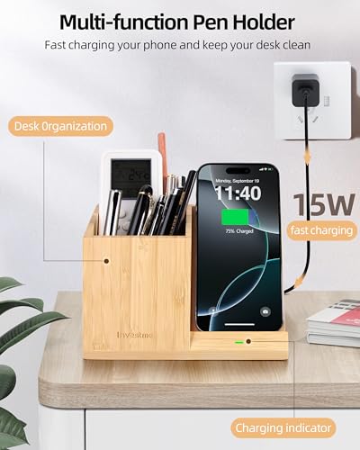 3-in-1 Bamboo Wireless Charger with Desk Organizer, Bamboo Pen Holder for Desk, 15W Fast Wireless Charger with Pen Holder for Home Office Supplies, Compatible with iPhone and Samsung - color: Bamboo