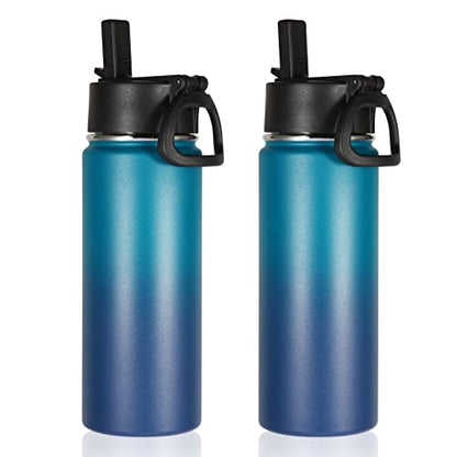 Volhoply 18oz Insulated Water Bottle Bulk 2 Pack,Kids Stainless Steel Water Bottles with Straw Lid,Wide Mouth Reusable Metal Cups,Double Wall Vacuum Sports Flask Keep Hot and Cold(Dark Night,2 Set) - color: Dark Night