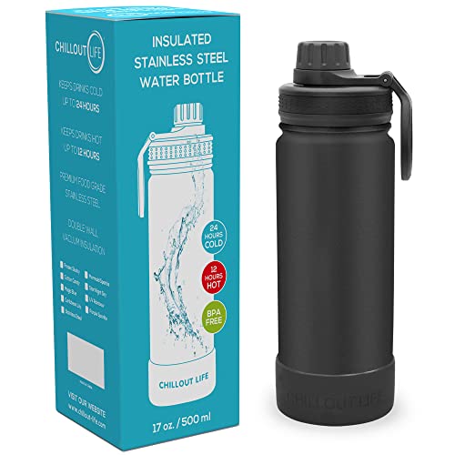 CHILLOUT LIFE 17oz Kids Insulated Stainless Steel Water Bottle with Leak Proof Spout Lid & 144 Stickers - color: Black, style: 17 oz