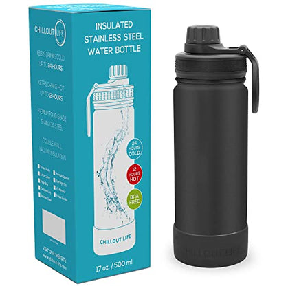 CHILLOUT LIFE 17oz Kids Insulated Stainless Steel Water Bottle with Leak Proof Spout Lid & 144 Stickers - color: Black, style: 17 oz