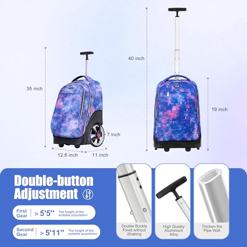 NEW TILAMI 19 Inch Rolling Backpack with Lunch Bag for Girls Boys Wheeled Laptop Backpack Durable Carry-on Bag School Travel, Star Violet - color: Purple Star Violet