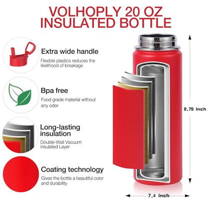 Volhoply 20oz Insulated Stainless Steel Water Bottle with Straw Lid, Kids Wide Mouth Double Wall Vacuum Cups with Handle,Reusable Outdoor Sports Metal Bottles,Travel Flask Keep Cold&Hotd(Red,1) - color: Red