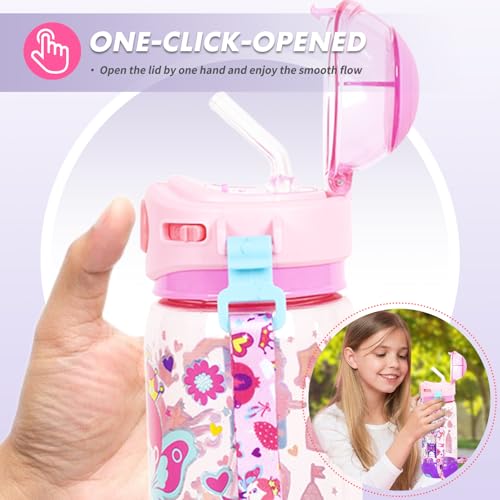 Kids Water Bottle with Straw/Lanyard for School Kids Girls Boys, 22oz BPA Free Child Drinking Water Bottle One-Click-Open Leak-Proof Locking Flip Lid for School Sport Travel - color: H10. Flower Fairy