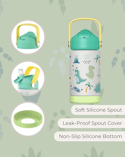 Hippypotamus Kids Water Bottle - Stainless Steel Vacuum Insulated -12 oz - Leak Proof Straw Lid & Soft Spout For Toddlers & Kids (Green Dinosaur) - color: Green Dinosaur