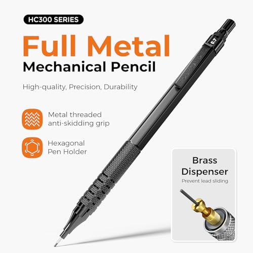 Four Candies 2PCS 0.5mm & 0.7 mm Metal Mechanical Pencils Set, 360PCS Lead Refills, 12 Erasers, Cool Lead Pencil with Case for School Writing, Sketching, Technical Work, Art Projects, Black - color: Black