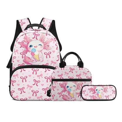 Cute Girls Bookbag Set with Insulated Lunch Bag and Pencil Case for School,Axolotl Ice Cream 3-in-1 Backpack Lunchbox Pouch for Elementary Kids, Waterproof Student Book Bag - color: Pink Bows-axolotl Ice Cream