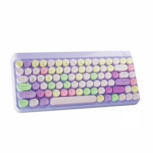 Wireless Bluetooth TKL Keyboard with 84 Retro Round Keycaps, Typewriter-Style, for PC/Mac/Tablets (Purple-Colorful) - color: Purple-Colorful