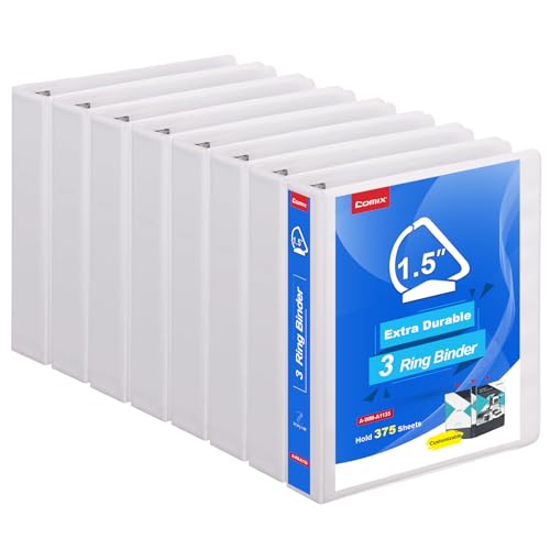 COMIX Heavy Duty 1 1/2 inch Slant-D Ring View Binder, 1.5 inch 3 Ring Binders, Hold 350 Sheets of 8.5" x 11" Paper, 8 Pack (White) - color: White, size: 1.5 inch, style: 8 Pack