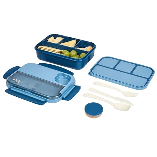 Restaurantware Bento Box 1 Count 44 Ounce Plastic Lunch Box With Cutlery, Leakproof Microwave-Safe Meal Prep Container Reusable Versatile Blue for Travel - size: 1 Count, style: 44 oz - Blue