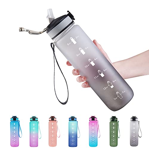 EYQ 32 oz Water Bottle with Time Marker, Carry Strap, Leak-Proof Tritan BPA-Free, Ensure You Drink Enough Water for Fitness, Gym, Camping, Outdoor Sports - color: 3.Black/Gray Gradient