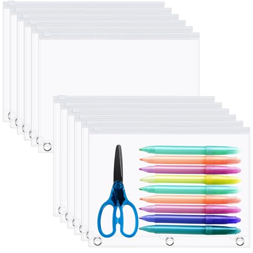 Lincia 24 Pack Clear Pencil Pouch for 3 Ring Binder Pencil Case with Zipper 3 Ring Binder Pocket Insert Bag 10 x 7'' Visible Cash Envelope with Re-enforced Grommet for Office(White, Clear) - color: White, Clear