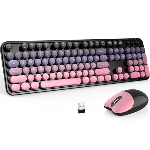 MOFII Wireless Keyboard and Mouse Combo, 2.4 GHz Full-Size Retro Round Keyboard and Mouse, Plug and Play, 8 Multimedia & Shortcut Keys for Mac, Windows, Laptop/Desktop/PC - Pink Gradient - color: Pink Gradient