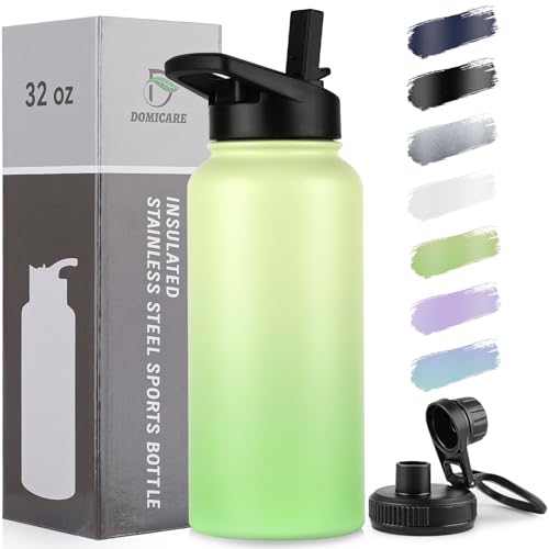 DOMICARE 32 oz Insulated Water Bottle, Vacuum Insulated Stainless Steel Sports Water Bottle with Straw Lid & Spout Lid, Leakproof, Reusable - Travel, Camping, Bike, Green Gradient - color: Green Gradient, size: 32 Ounces
