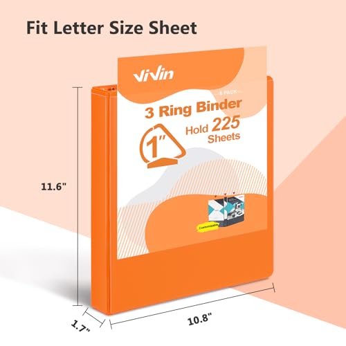 ViVin 튼튼한 2.5cm(1인치) D 링 바인더, 포켓 2개가 있는 링 바인더 3개, 사무실, 가정, 학교용 미국 레터 사이즈 용지 225장 보관, 6팩 (오렌지) - color: 주황색., size: 1인치