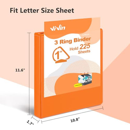 ViVin 튼튼한 2.5cm(1인치) D 링 바인더, 포켓 2개가 있는 링 바인더 3개, 사무실, 가정, 학교용 미국 레터 사이즈 용지 225장 보관, 6팩 (오렌지) - color: 주황색., size: 1인치