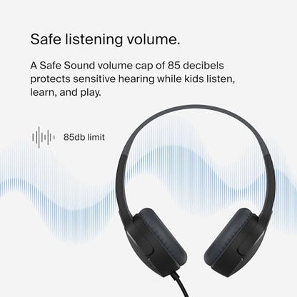 Belkin SoundForm Mini Kids Wired Headphones with Built-in Microphone & Fun Stickers, 85dB Safe Volume Limit – for Online Learning, Travel, Compatible w/iPhone 15, iPad, Galaxy S23, & More - Black - color: Black, style: Wired