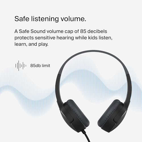 Belkin SoundForm Mini Kids Wired Headphones with Built-in Microphone & Fun Stickers, 85dB Safe Volume Limit – for Online Learning, Travel, Compatible w/iPhone 15, iPad, Galaxy S23, & More - Black - color: Black, style: Wired