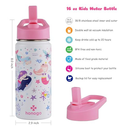 16 oz Stainless Steel Insulated Kids Water Bottle, Leak Proof Metal Thermal Flask with Straw lid, Cute Toddler Tumbler Cup for School Girls & Boys (White, Mermaid) - color: White, Mermaid