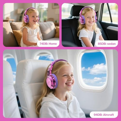 QearFun Kids Bluetooth Headphones, 60H Playtime, 74/85/94dB Safe Volume Limit, Metallic Gradient Wireless Headset with HD Mic, Fast Charging, Foldable, Wired 3.5mm Mode for School/Tablet/Travels - color: A-Purple