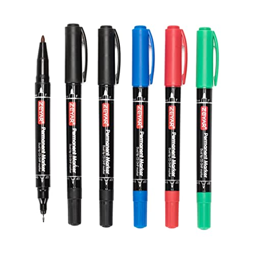 ZEYAR Twin Tip Permanent Markers, CD/DVD Markers, 4 Color, Ultra Fine Point and Fine Point for Signature and Marking (3 Black, 1 Red, 1 Green, 1 Blue) - color: 3 Black, 1 Red, 1 Green, 1 Blue
