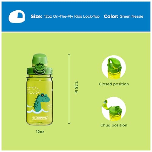 Nalgene Kids' 12 oz On The Fly Lock-Top Water Bottle, Green Nessie - color: Green Nessie, size: 12 Ounces