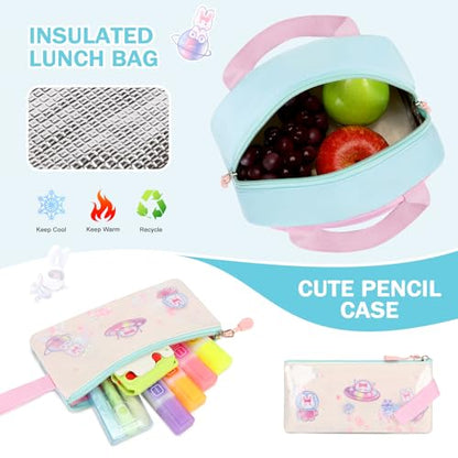 FIXITOK Rolling Backpack for Girls, Kawaii Bunny Roller Wheels School Backpacks with Lunch Bag Pencil case, Wheeled Suitcase Bookbag for Elementary Travel Aquamarine - color: Aquamarine